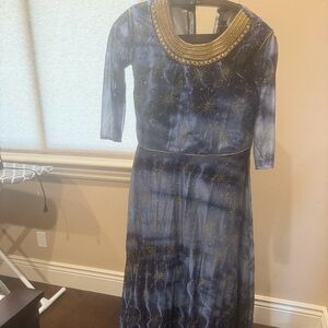 Blue Embroidered Maxi Dress with Gold Accents